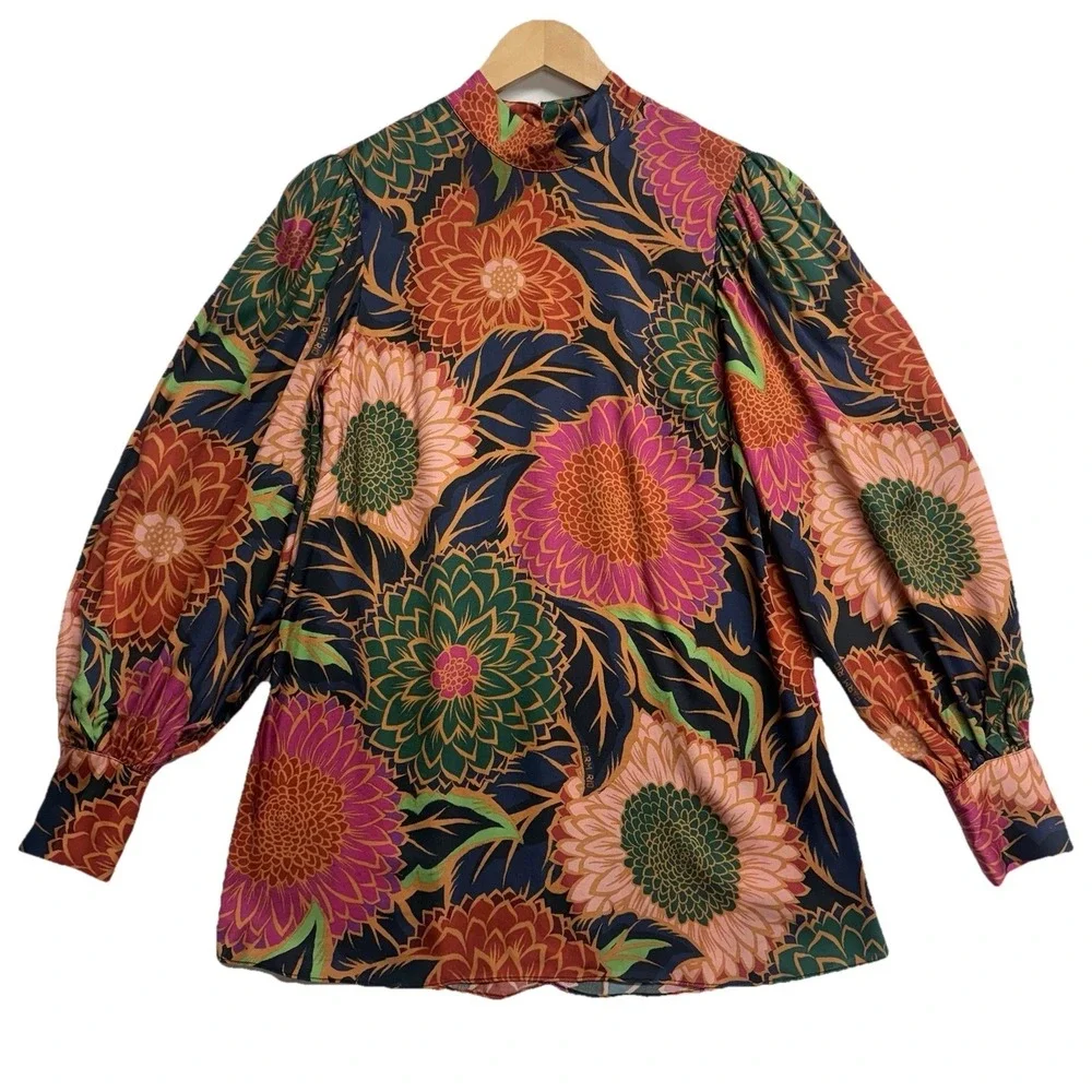 Farm Rio Floral Blouse XS Brazilian Designer Mock Neck Puff Sleeve Boho Statemen
